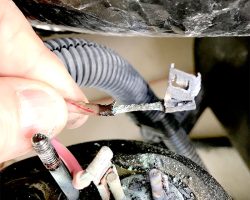 Typical overheating of wiring at the compressor caused by loose connection from the expansion and contraction from the heat and cooling down when shut off. bad electrical connection